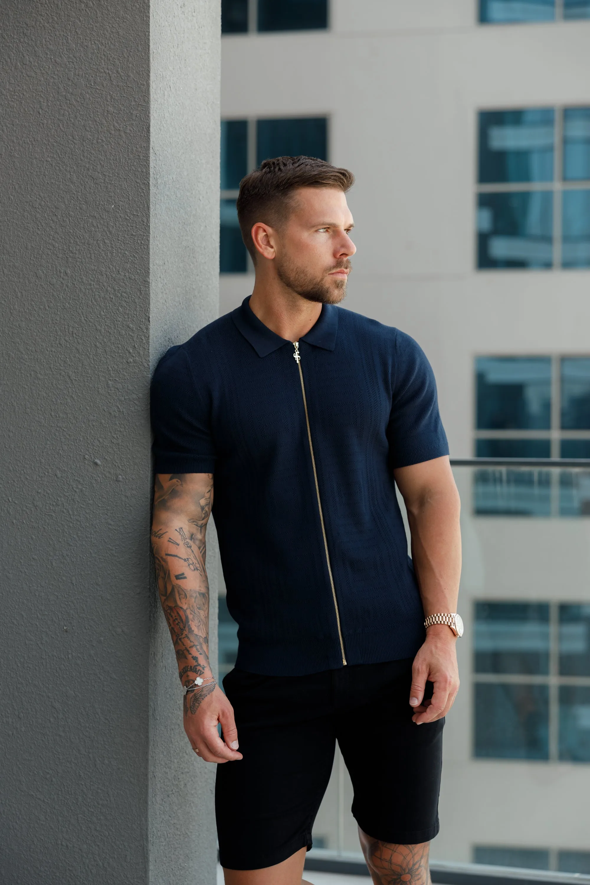 Father Sons Classic Knitted Geo Design With Full Length Zip Navy Short Sleeve - FSN149 sold by Father Sons product image thumbnail 2