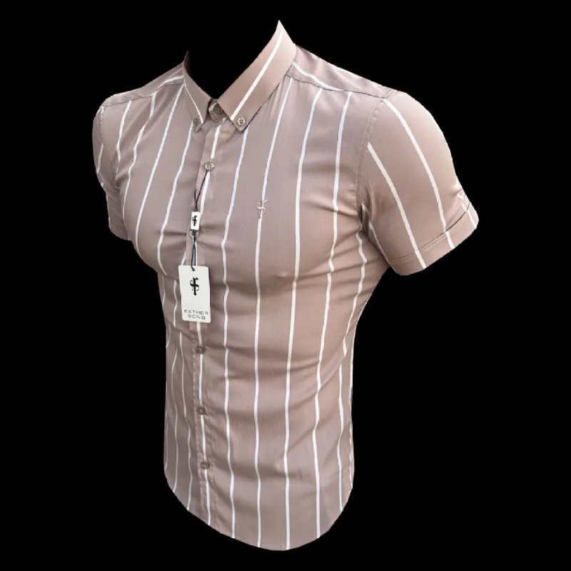 Father Sons Super Slim Stretch Taupe Printed Wide Stripe Short Sleeve with Button Down Collar - FS1066 sold by Father Sons
