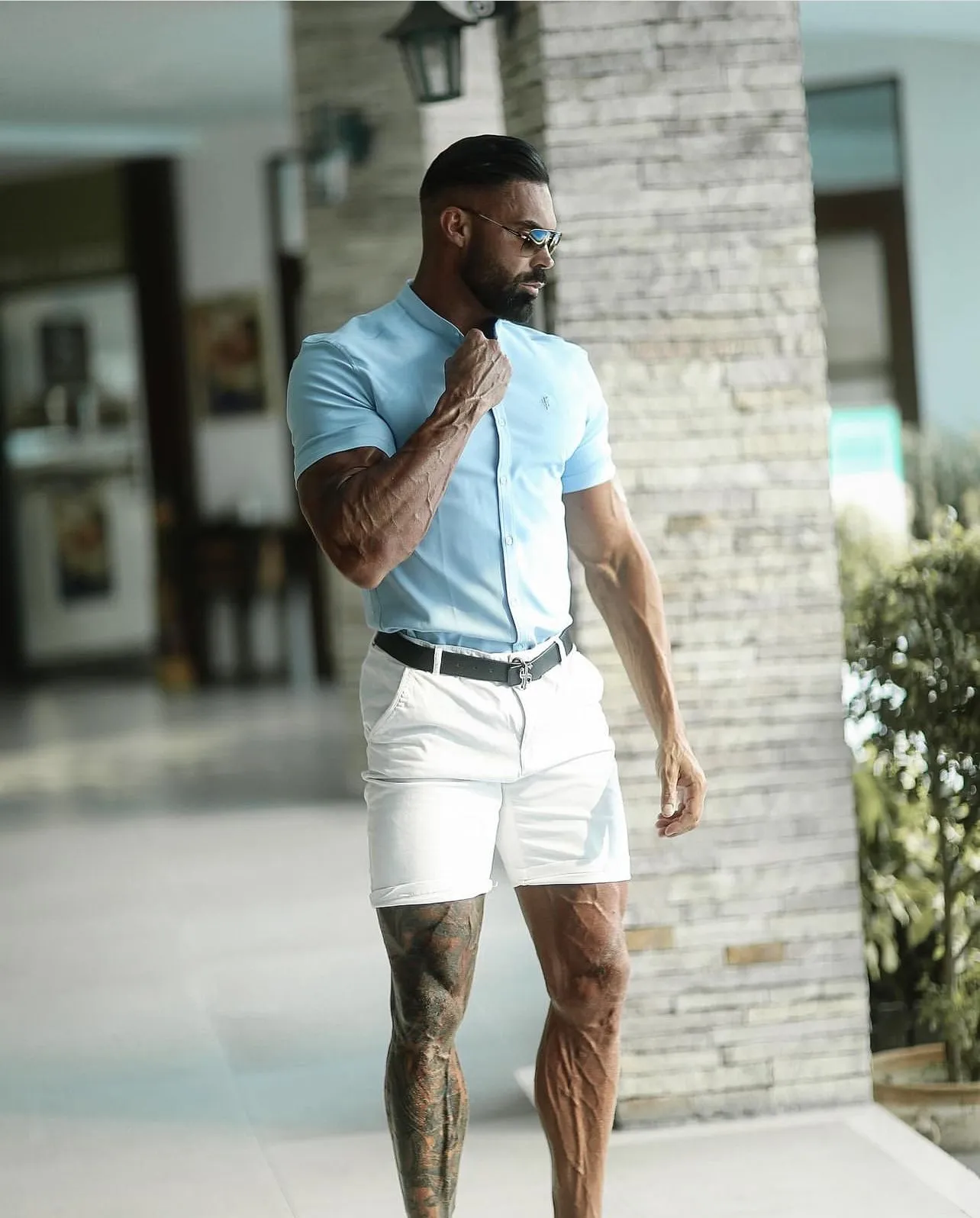 Father Sons Super Slim Scuba Light Blue Short Sleeve Stretch With Grandad Collar Shirt - FS1003 sold by Father Sons product image thumbnail 5