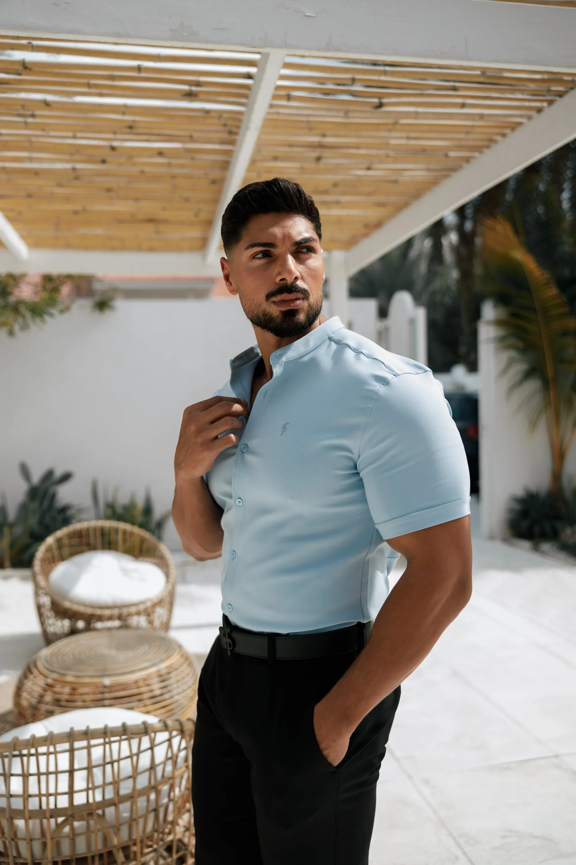 Father Sons Super Slim Scuba Light Blue Short Sleeve Stretch With Grandad Collar Shirt - FS1003 sold by Father Sons product image thumbnail 2