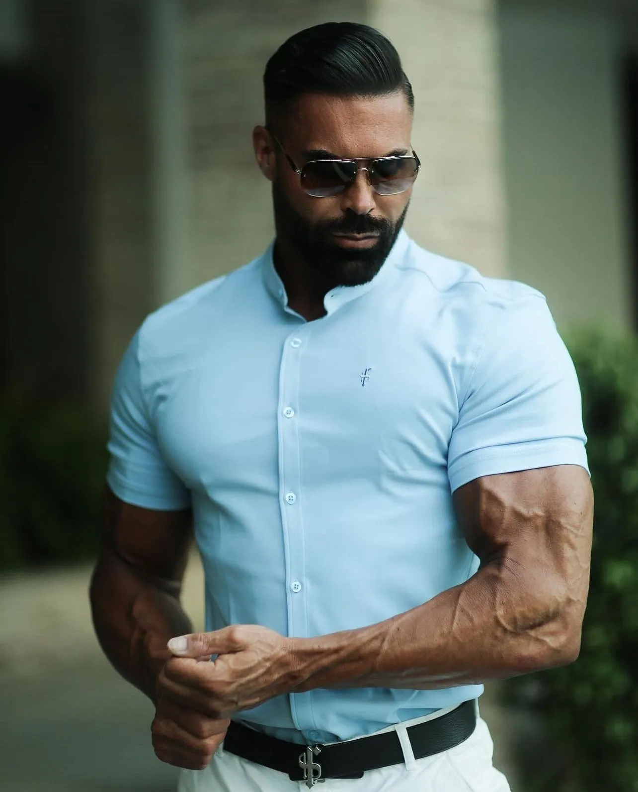 Father Sons Super Slim Scuba Light Blue Short Sleeve Stretch With Grandad Collar Shirt - FS1003 sold by Father Sons product image thumbnail 4