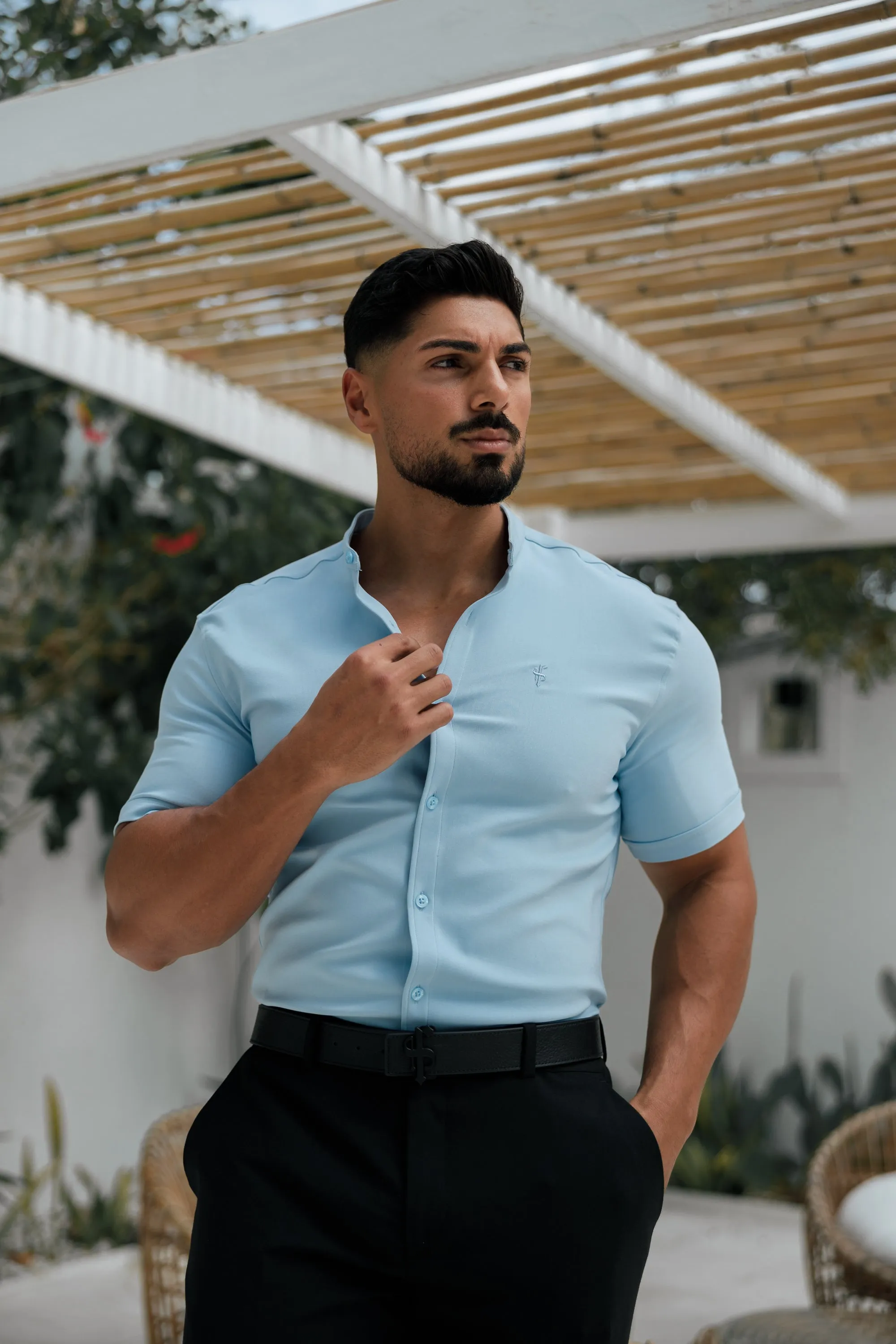 Father Sons Super Slim Scuba Light Blue Short Sleeve Stretch With Grandad Collar Shirt - FS1003 sold by Father Sons product image thumbnail 3