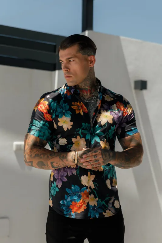 Classic Stretch SS Black Vibrant Floral Print Button Down Collar - FS1104 sold by Father Sons