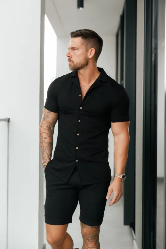 Father Sons Stretch Black / Gold Pique Revere Shirt Short Sleeve - FSH1068 sold by Father Sons