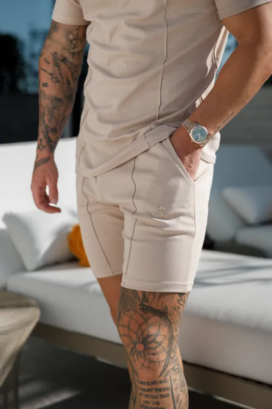 Father Sons Beige Elasticated Drawstring Pintuck Shorts - FSH1058 sold by Father Sons