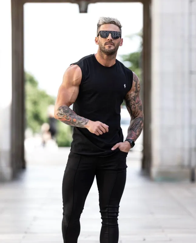 Father Sons Classic Black Longline Gym Vest - FSH627 sold by Father Sons
