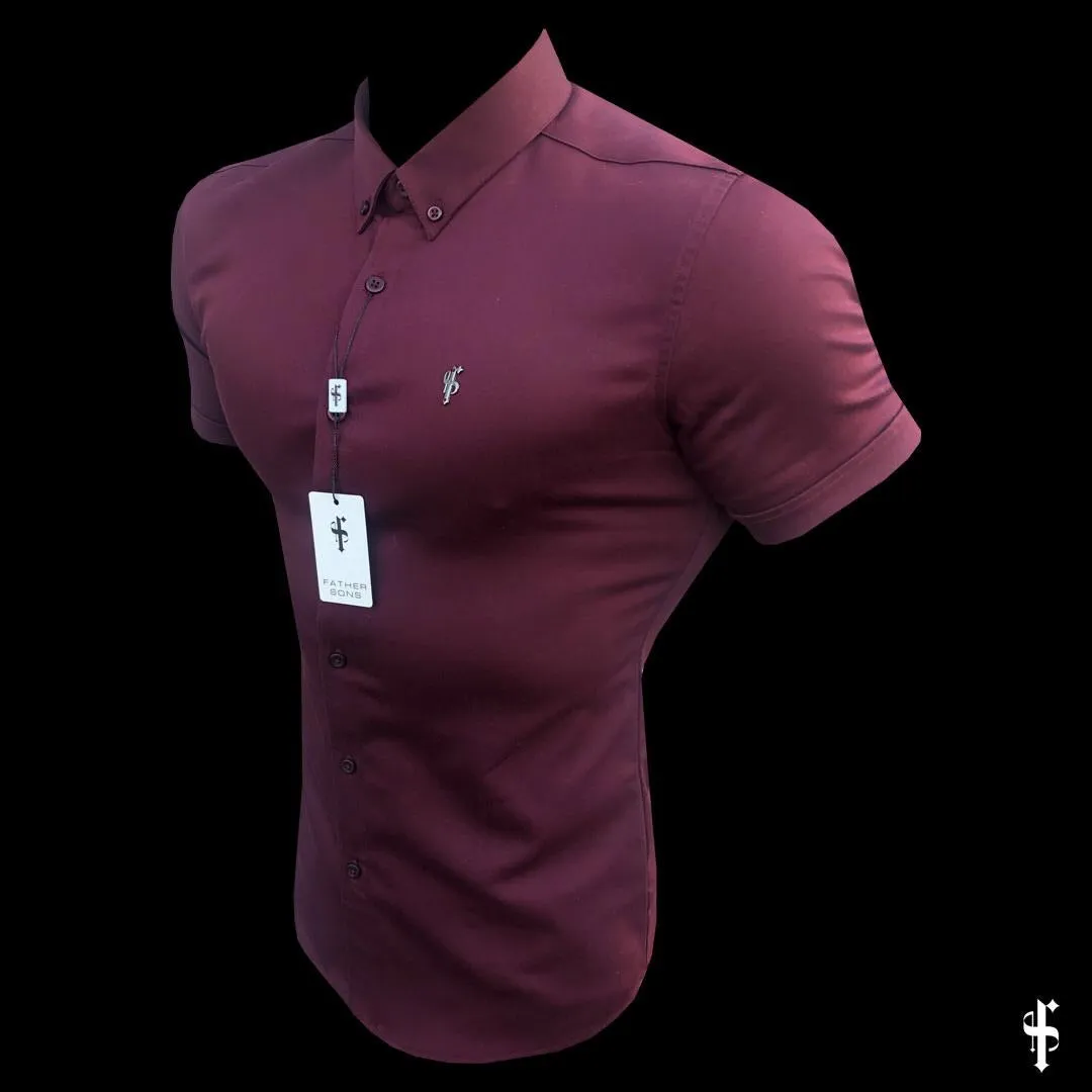 Father Sons Super Slim Stretch Burgundy Denim Short Sleeve with Metal Decal Emblem - FS629 sold by Father Sons