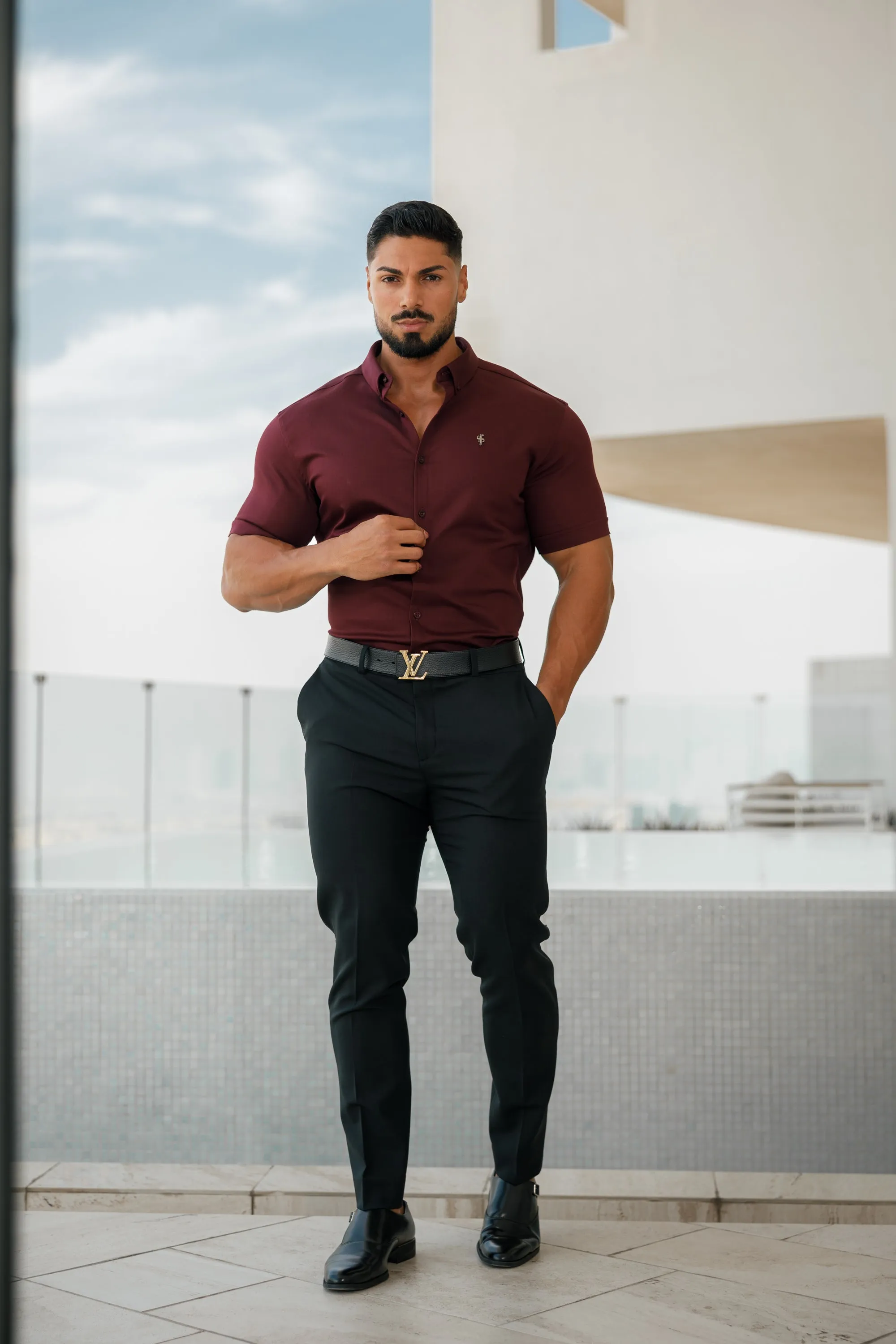 Father Sons Super Slim Stretch Burgundy Denim Short Sleeve with Metal Decal Emblem - FS629 sold by Father Sons product image thumbnail 3