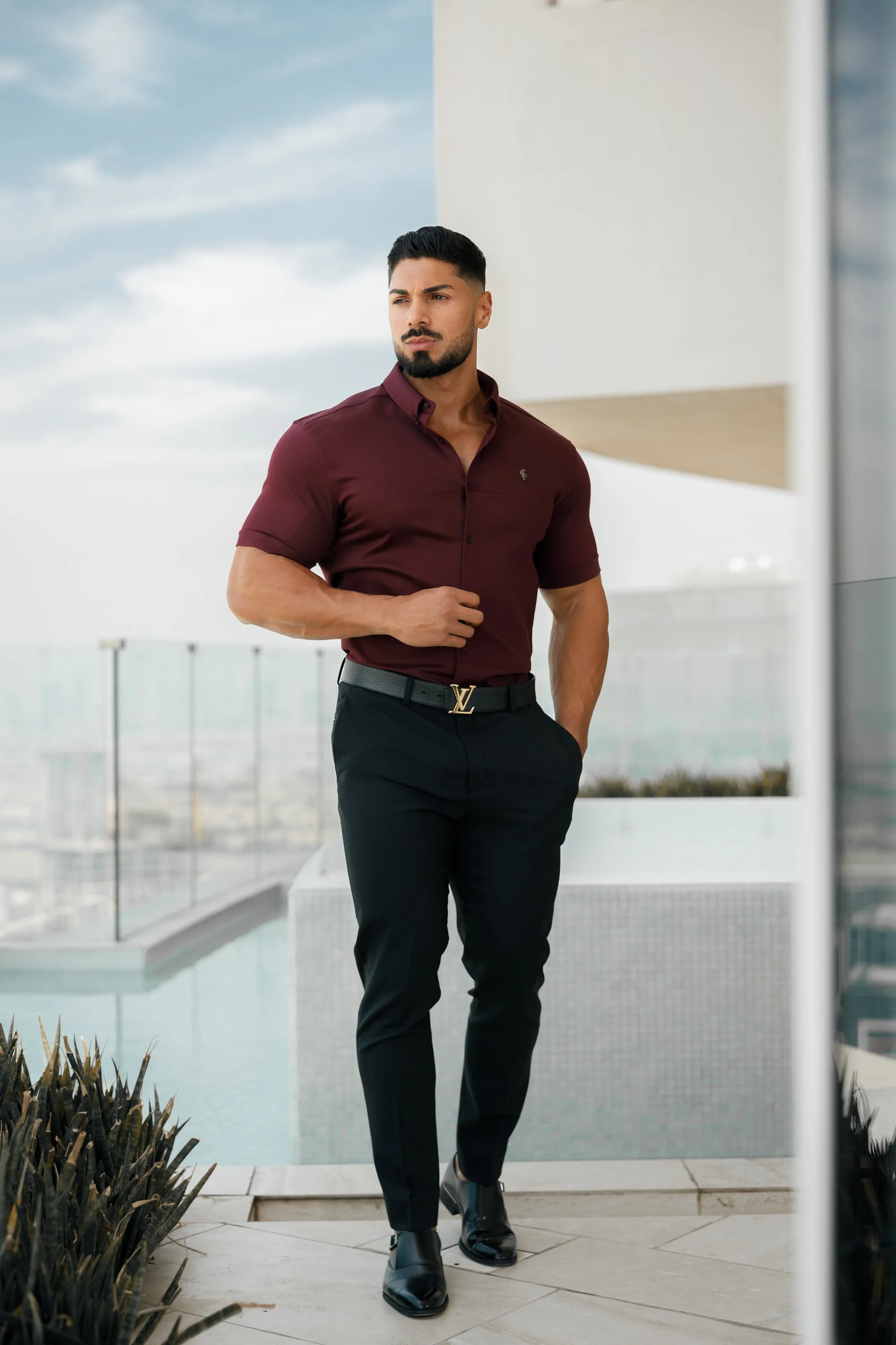 Father Sons Super Slim Stretch Burgundy Denim Short Sleeve with Metal Decal Emblem - FS629 sold by Father Sons product image thumbnail 4