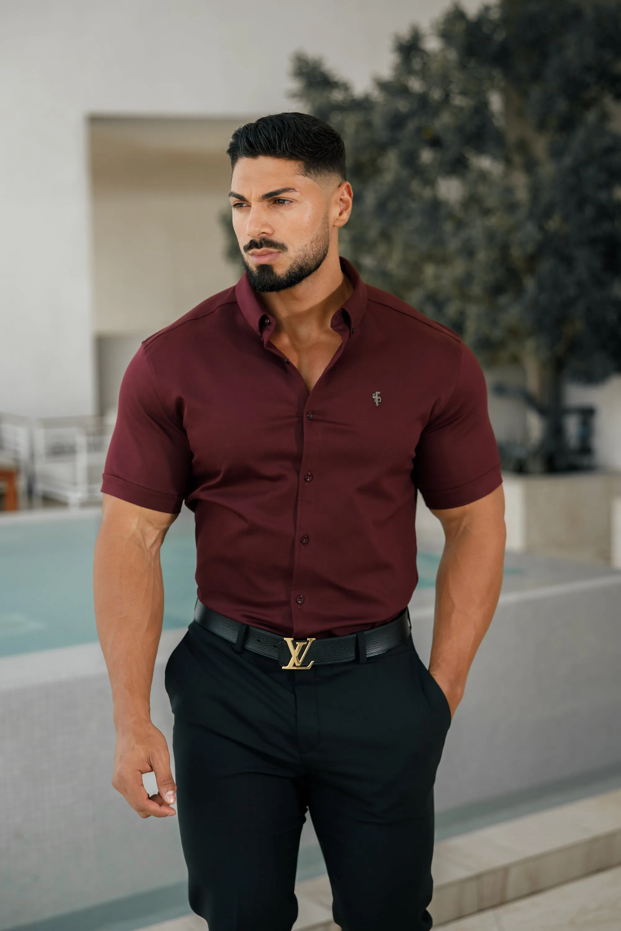 Father Sons Super Slim Stretch Burgundy Denim Short Sleeve with Metal Decal Emblem - FS629 sold by Father Sons product image thumbnail 2