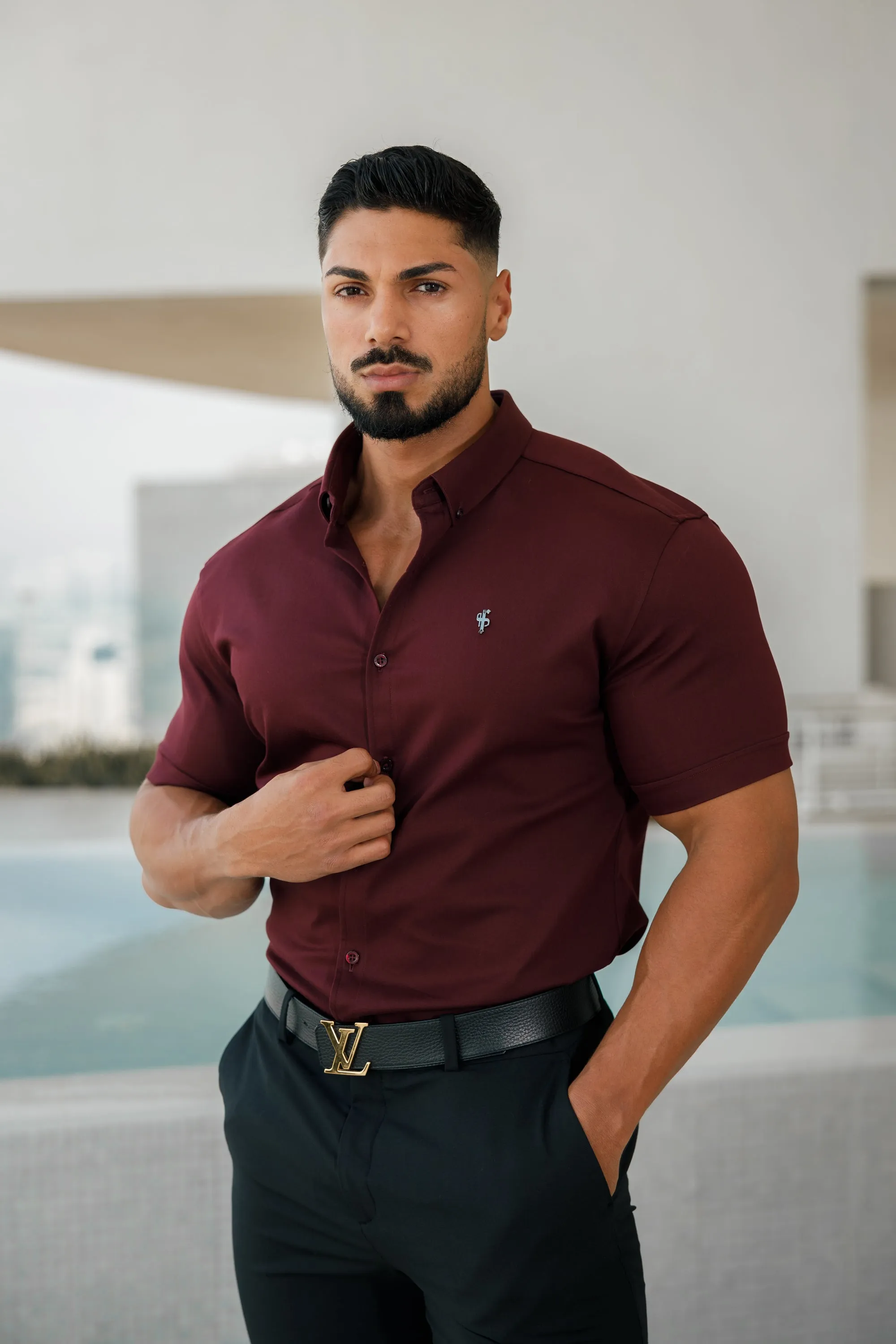 Father Sons Super Slim Stretch Burgundy Denim Short Sleeve with Metal Decal Emblem - FS629 sold by Father Sons product image thumbnail 5