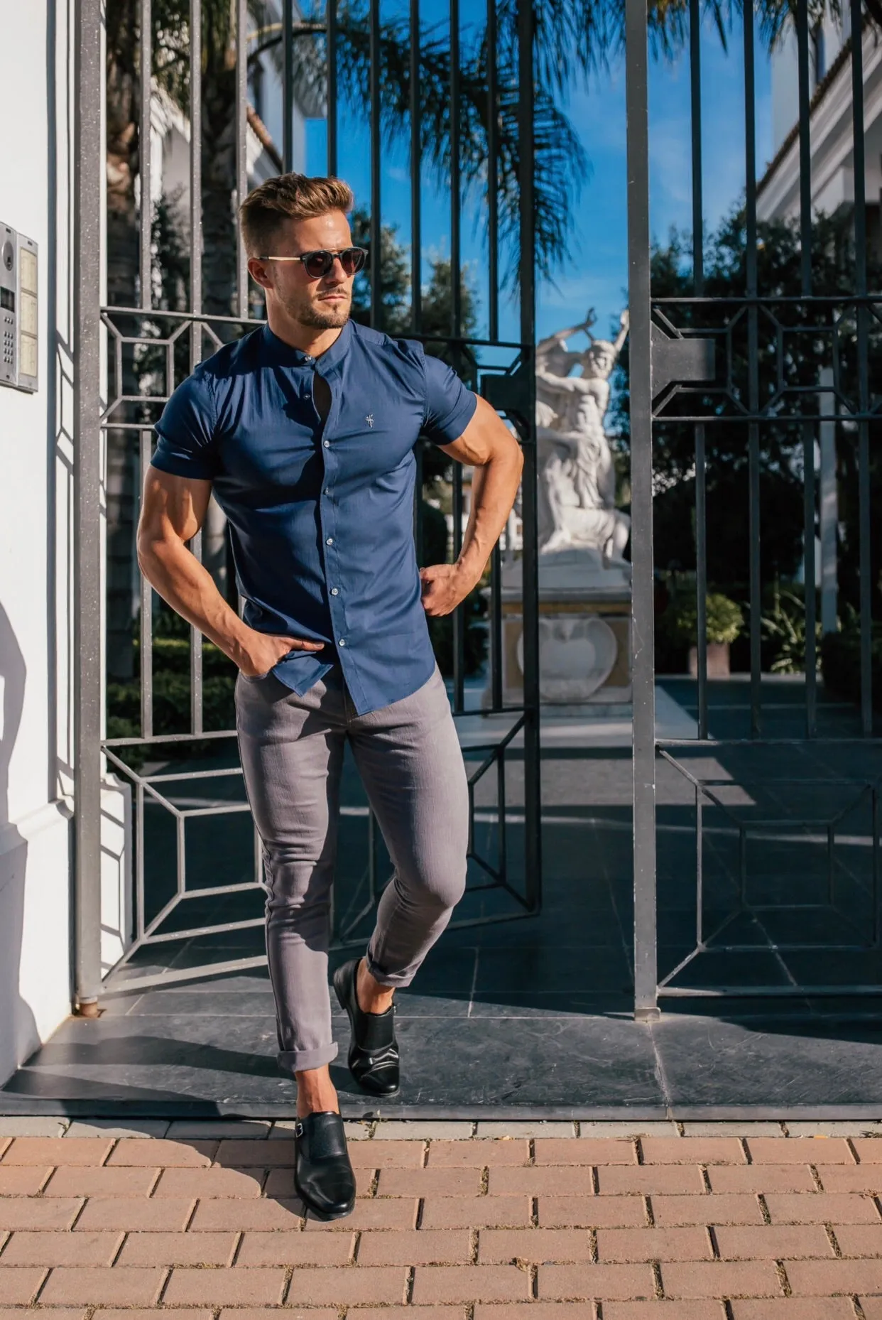 Father Sons Super Slim Stretch Classic Navy Grandad Collar Short Sleeve - FS182 sold by Father Sons product image thumbnail 2