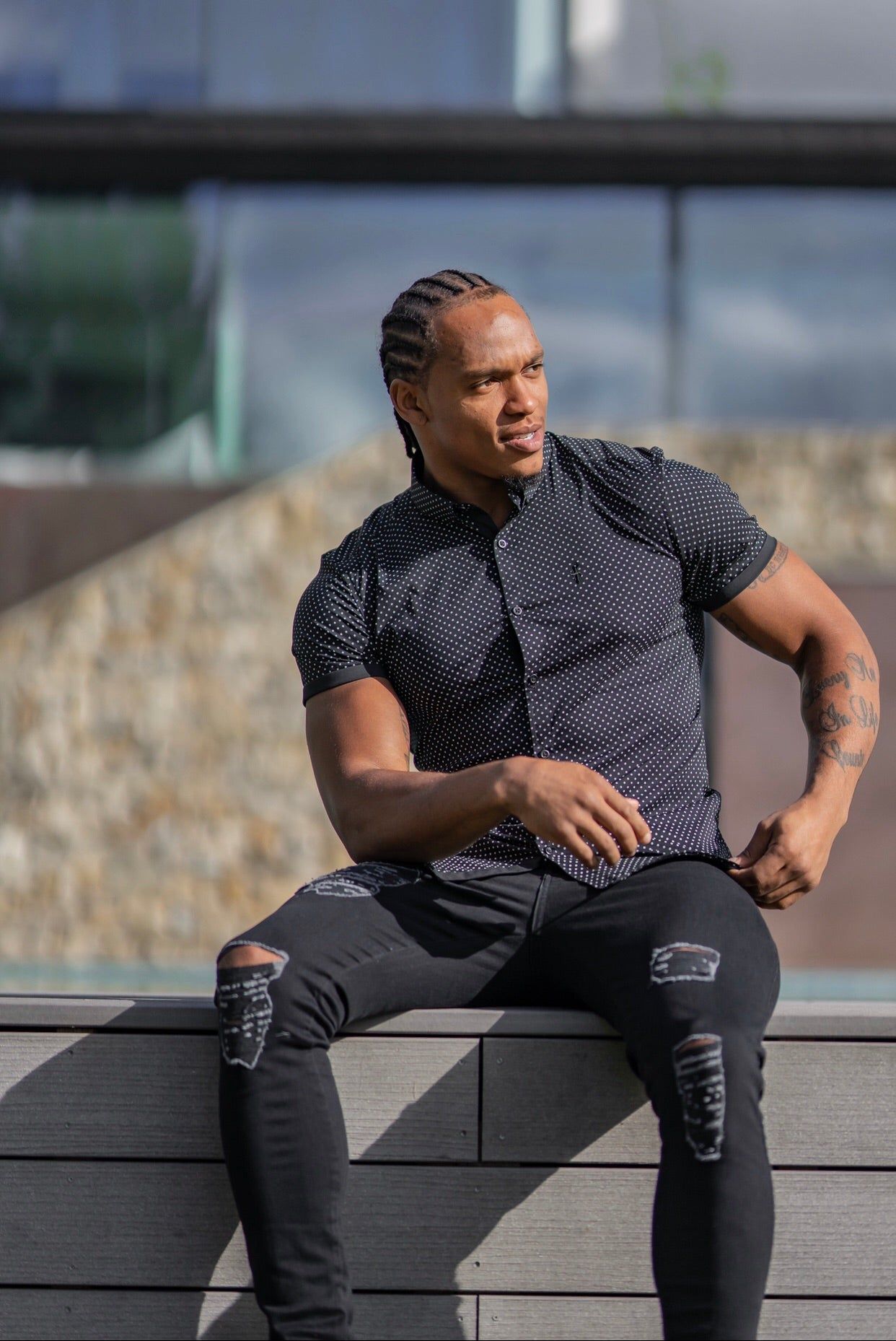 Father Sons Super Slim Stretch Black & White Ditsy Print Short Sleeve FS412 sold by Father Sons