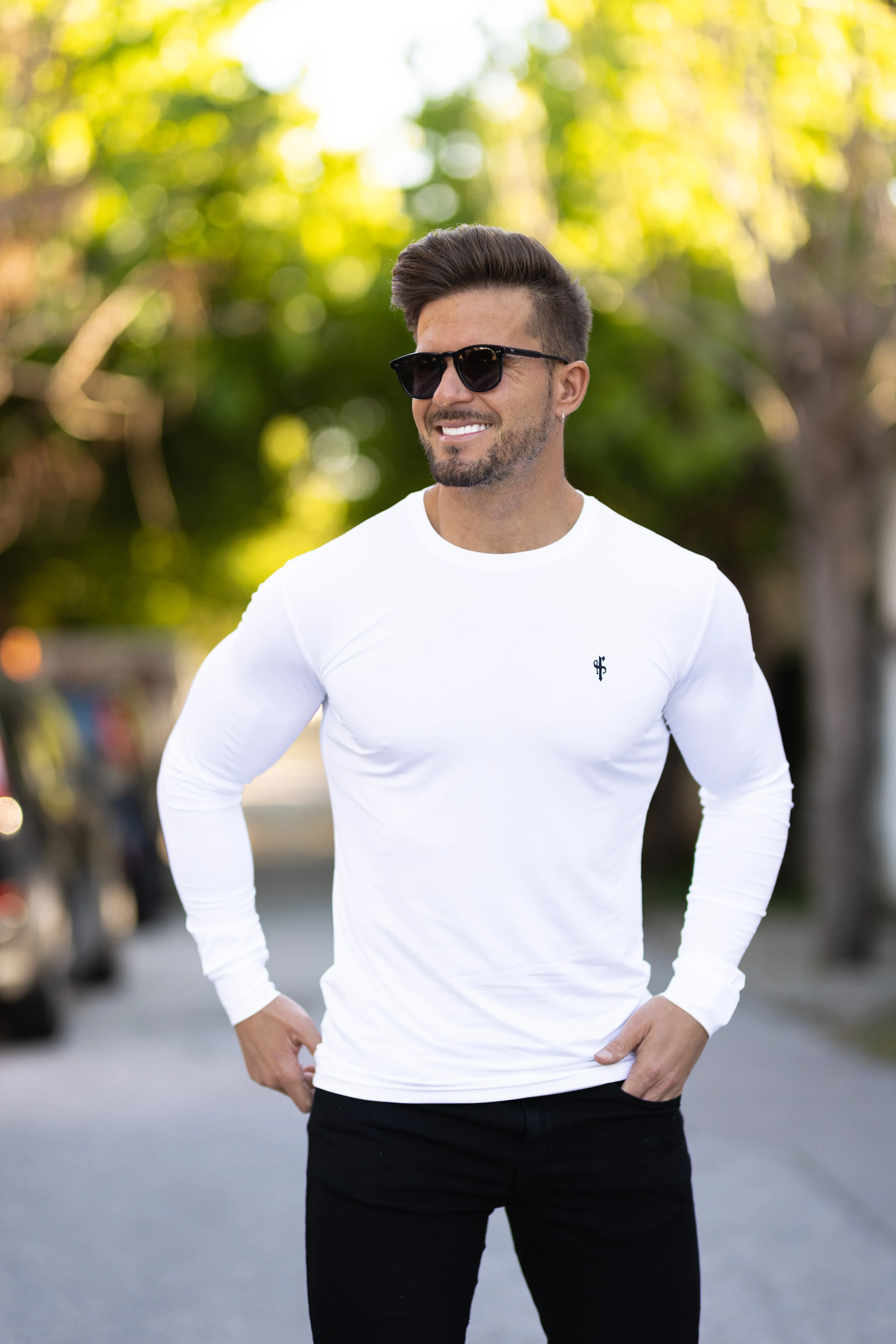 Long Sleeve White Gym Crew Top - FSH709 sold by Father Sons