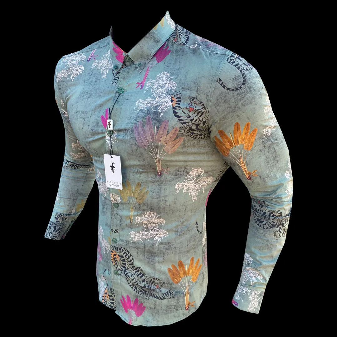 Father Sons Super Slim Stretch Green Tiger Print Long Sleeve with Button Down Collar - FS802 sold by Father Sons