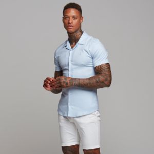 Father Sons Super Slim Stretch Revere Light blue oxford Short Sleeve - FS439 sold by Father Sons