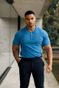 Father Sons Classic Mid Blue and Gold Zip Knitted Polo Shirt Short Sleeve - FSN134 sold by Father Sons