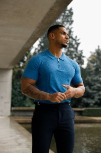 Father Sons Classic Mid Blue and Gold Zip Knitted Polo Shirt Short Sleeve - FSN134 sold by Father Sons