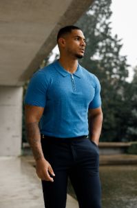 Father Sons Classic Mid Blue and Gold Zip Knitted Polo Shirt Short Sleeve - FSN134 sold by Father Sons