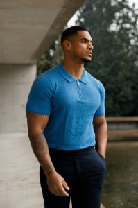 Father Sons Classic Mid Blue and Gold Zip Knitted Polo Shirt Short Sleeve - FSN134 sold by Father Sons