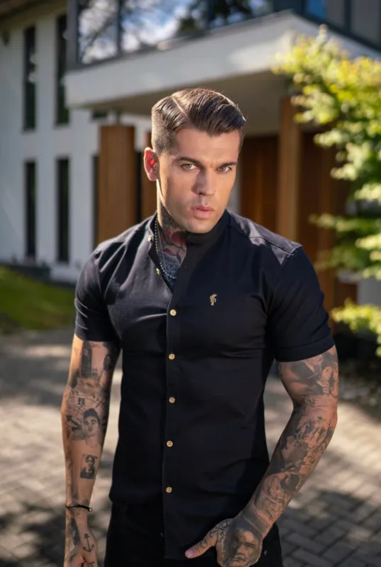 Father Sons Super Slim Stretch Black Denim Short Sleeve Grandad collar with Metal Buttons and Decal Emblem - FS708 sold by Father Sons