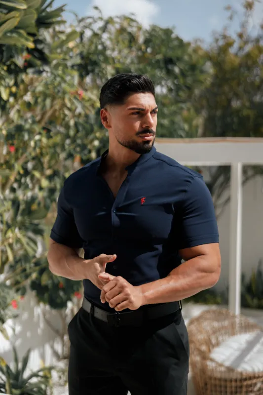 Father Sons Super Slim Scuba Navy / Red Short Sleeve Stretch with Grandad Collar - FS1001 sold by Father Sons