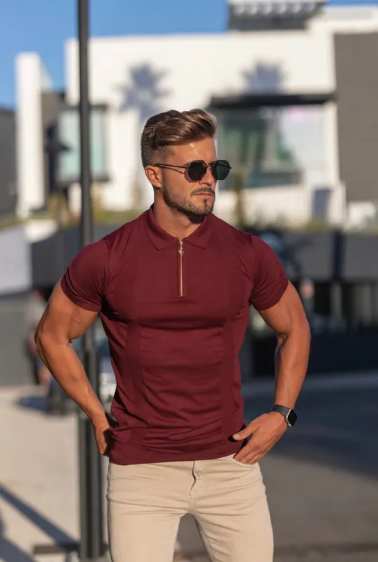 Classic Fig Burgundy and Gold Zip Knitted Short Sleeve Polo - FSH466 sold by Father Sons