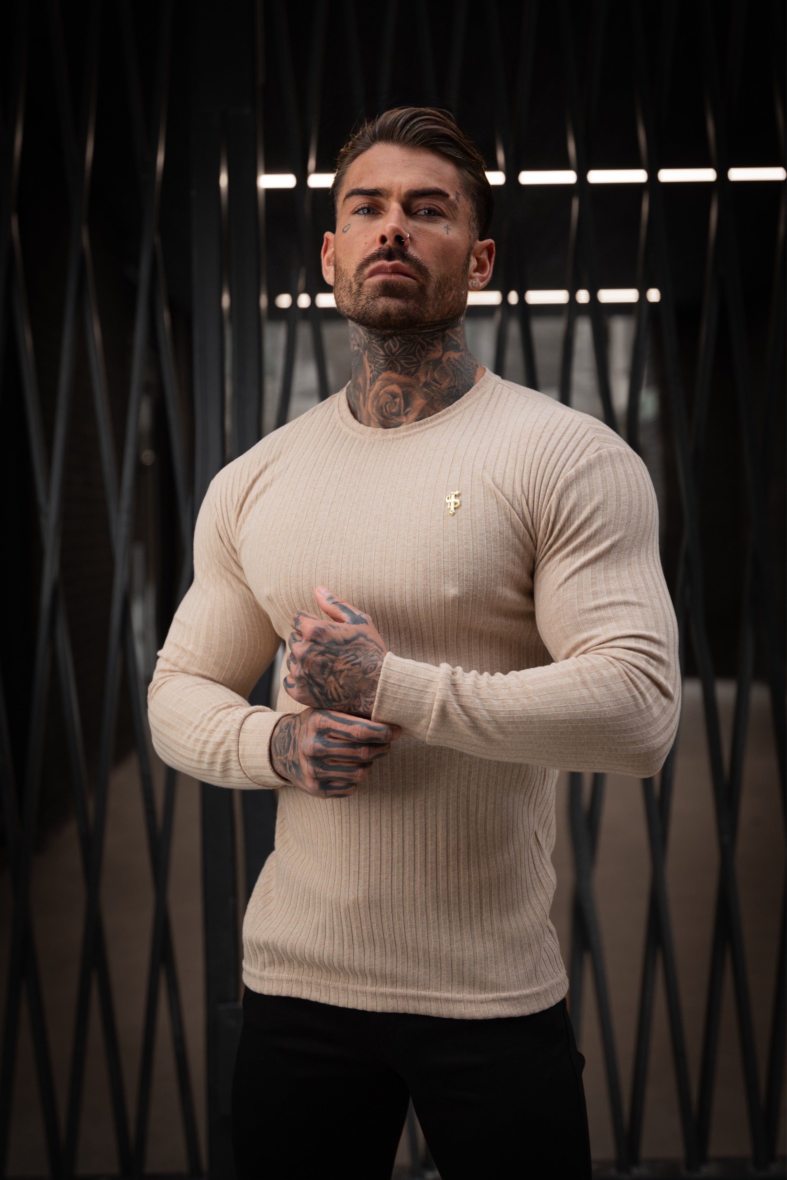 Father Sons Classic Beige Ribbed Knit Sweater With Gold Metal Emblem - FSH951 sold by Father Sons product image thumbnail 3