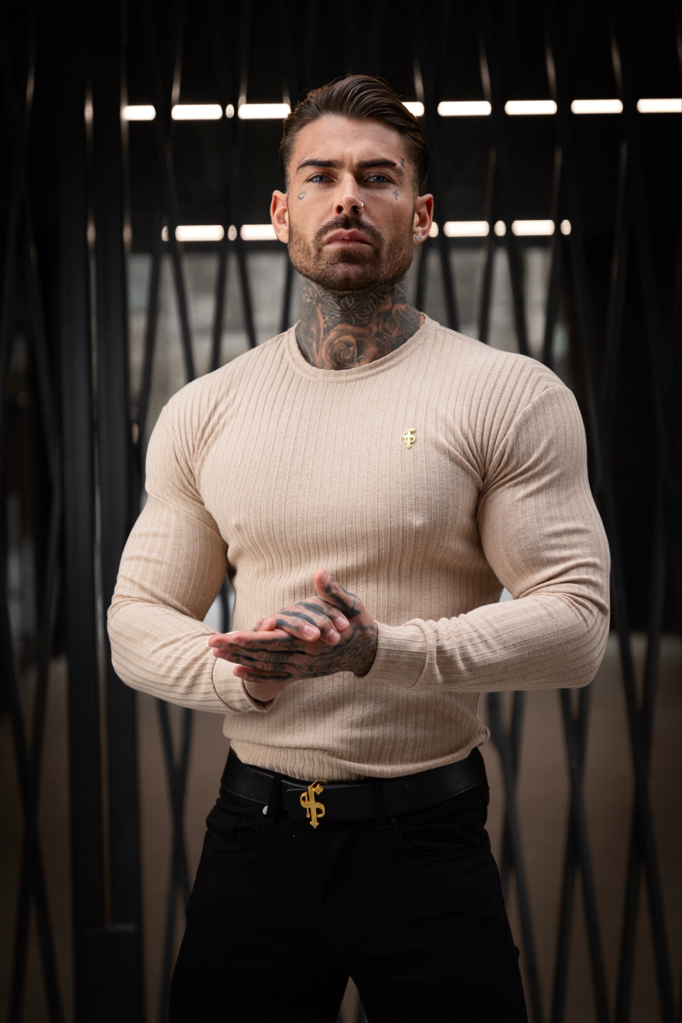 Father Sons Classic Beige Ribbed Knit Sweater With Gold Metal Emblem - FSH951 sold by Father Sons product image thumbnail 2