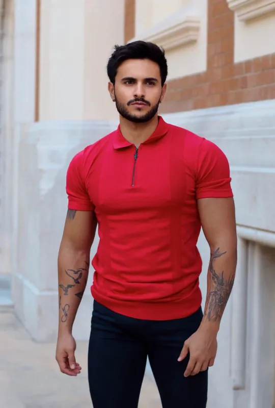 Father Sons Classic Red and Black Zip Knitted Short Sleeve Polo - FSH467 sold by Father Sons
