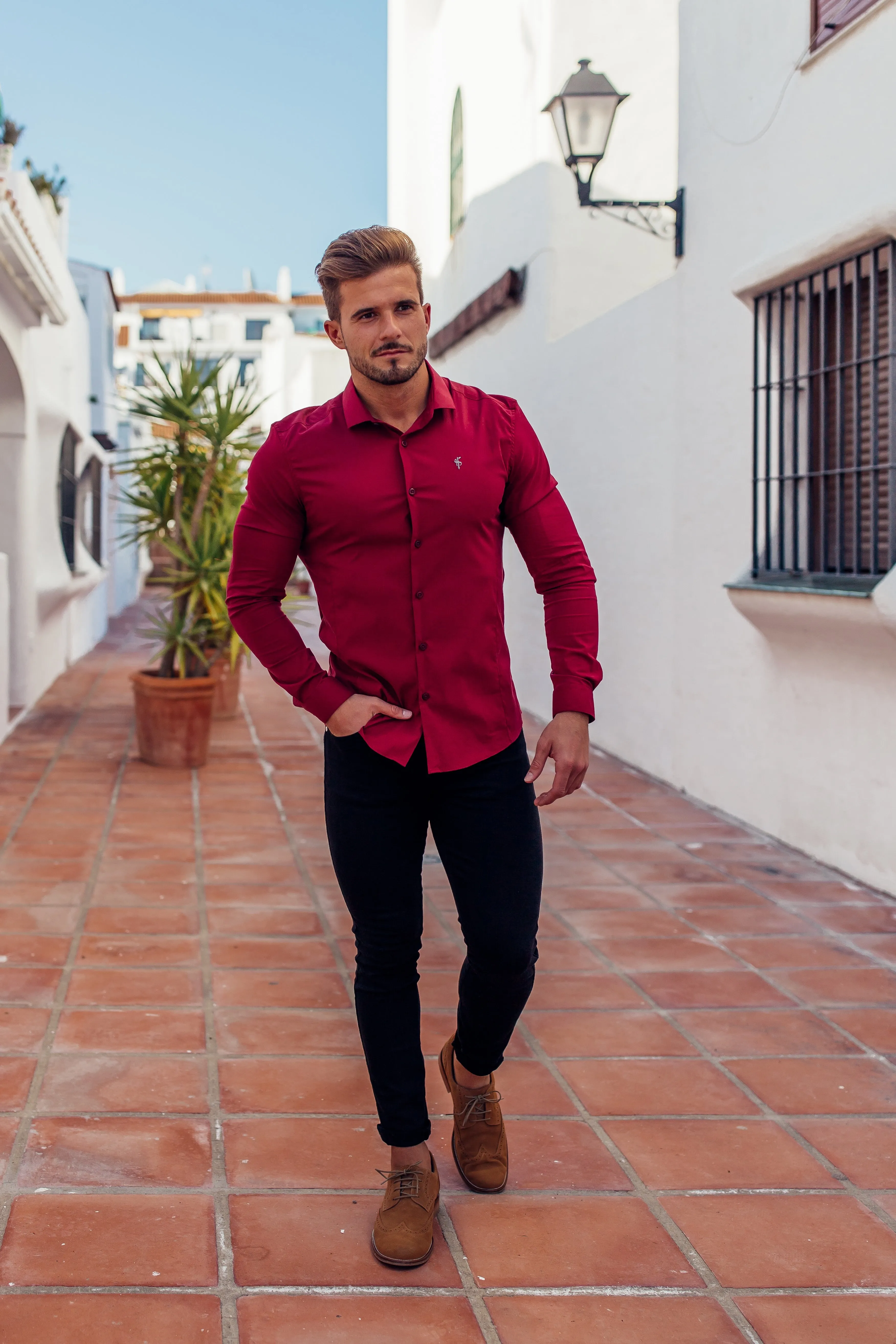 Father Sons Super Slim Stretch Classic Oxblood Panel Shirt (Grey embroidery) - FS318 sold by Father Sons product image thumbnail 3