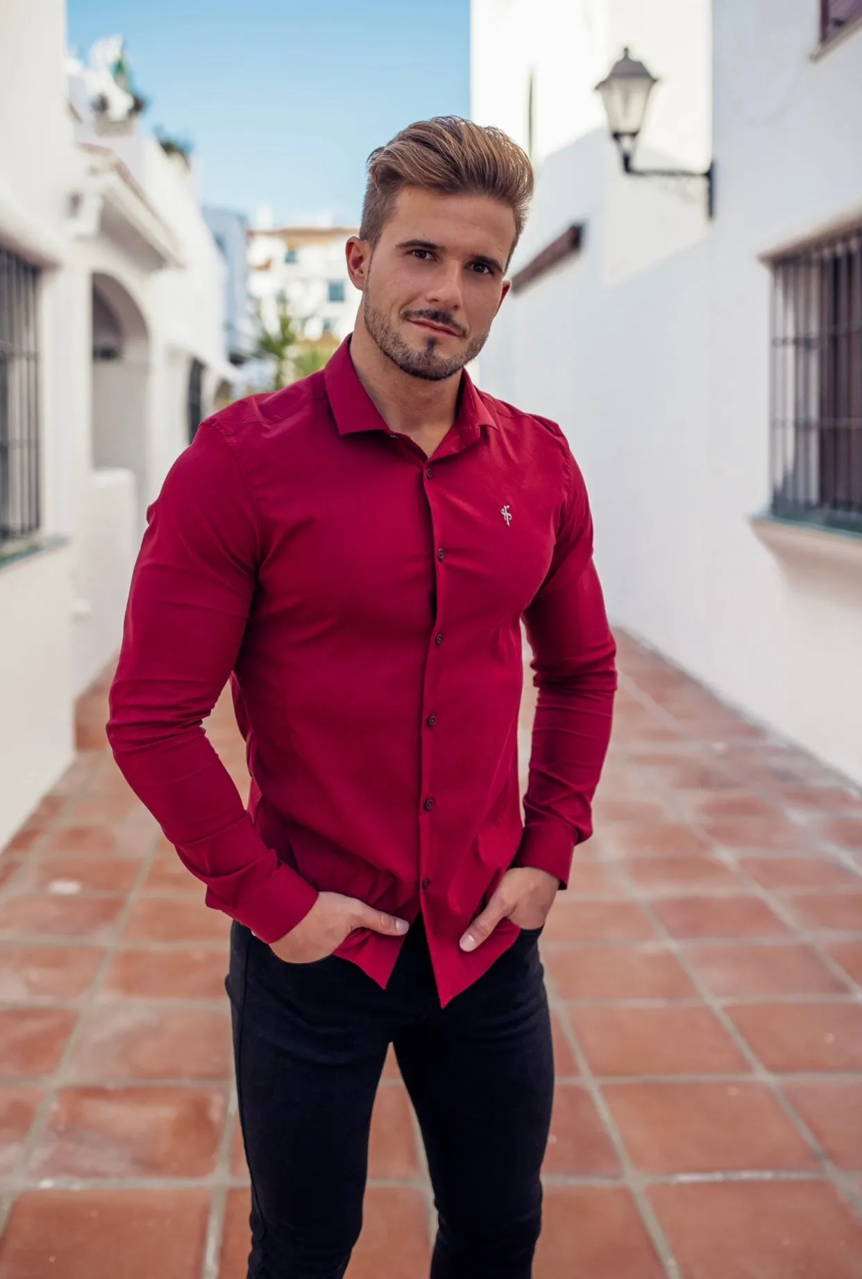 Father Sons Super Slim Stretch Classic Oxblood Panel Shirt (Grey embroidery) - FS318 sold by Father Sons product image thumbnail 2