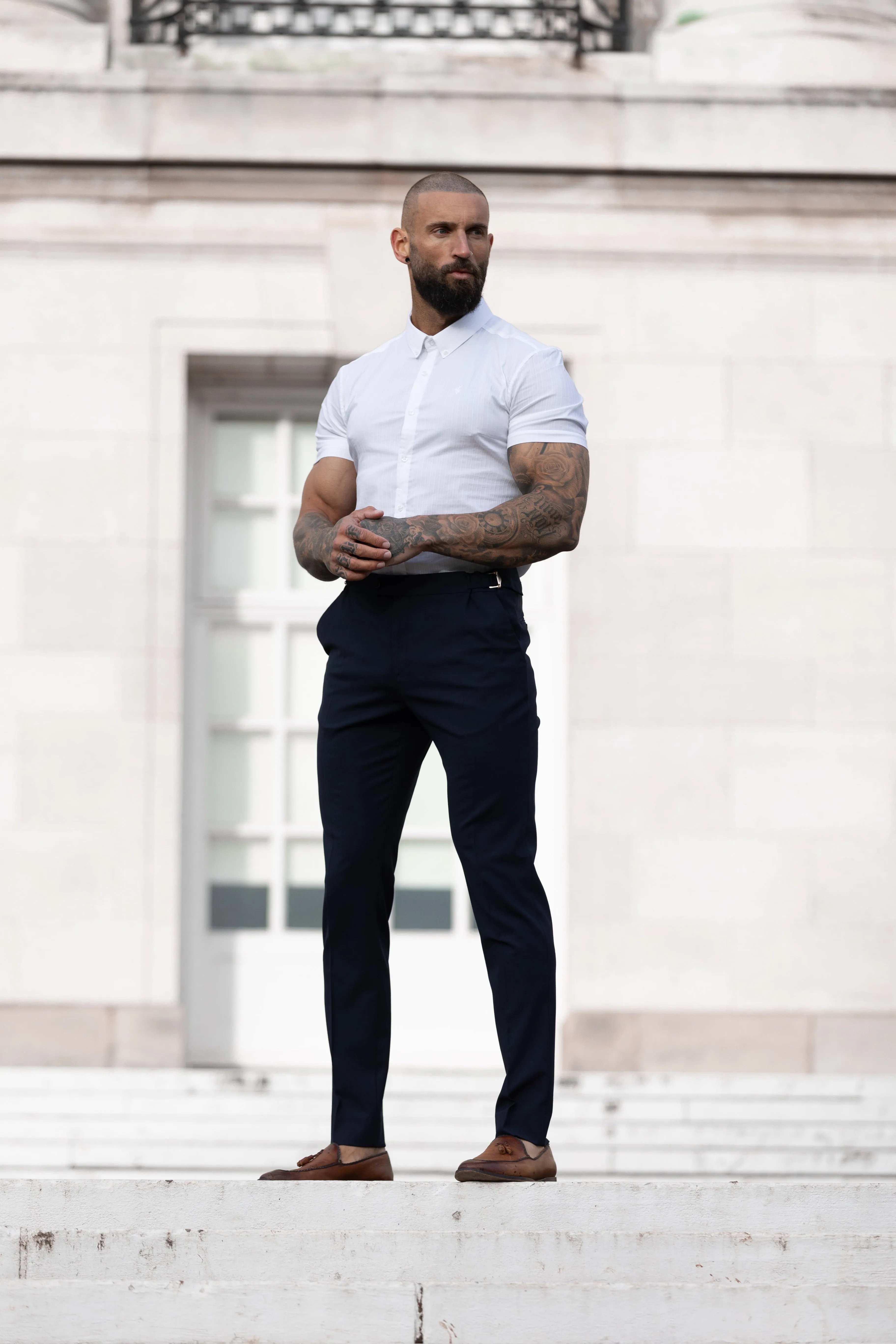 Super Slim Stretch White Self Woven Stripe Short Sleeve with Button Down Collar - FS988 sold by Father Sons product image thumbnail 3