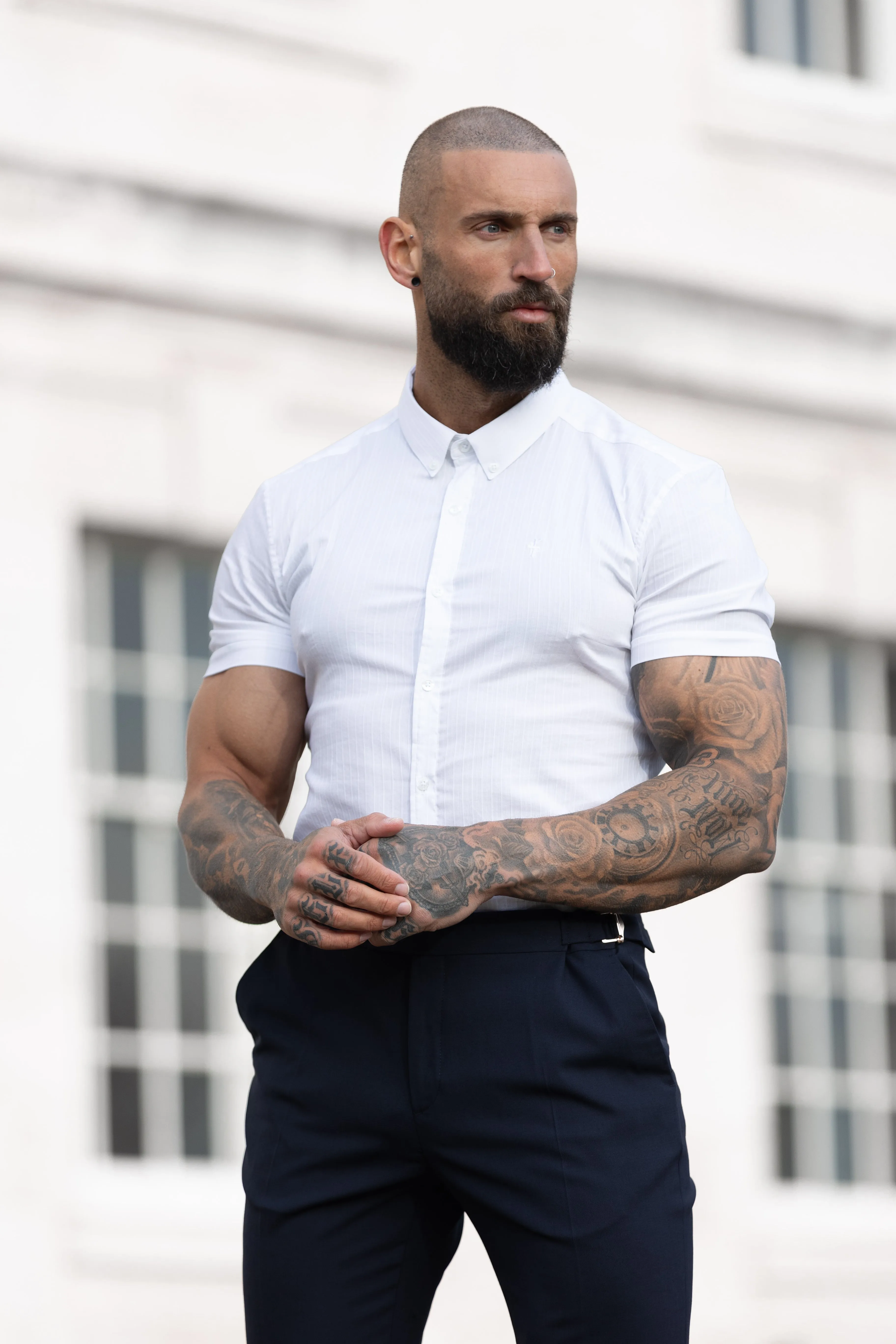 Super Slim Stretch White Self Woven Stripe Short Sleeve with Button Down Collar - FS988 sold by Father Sons product image thumbnail 2