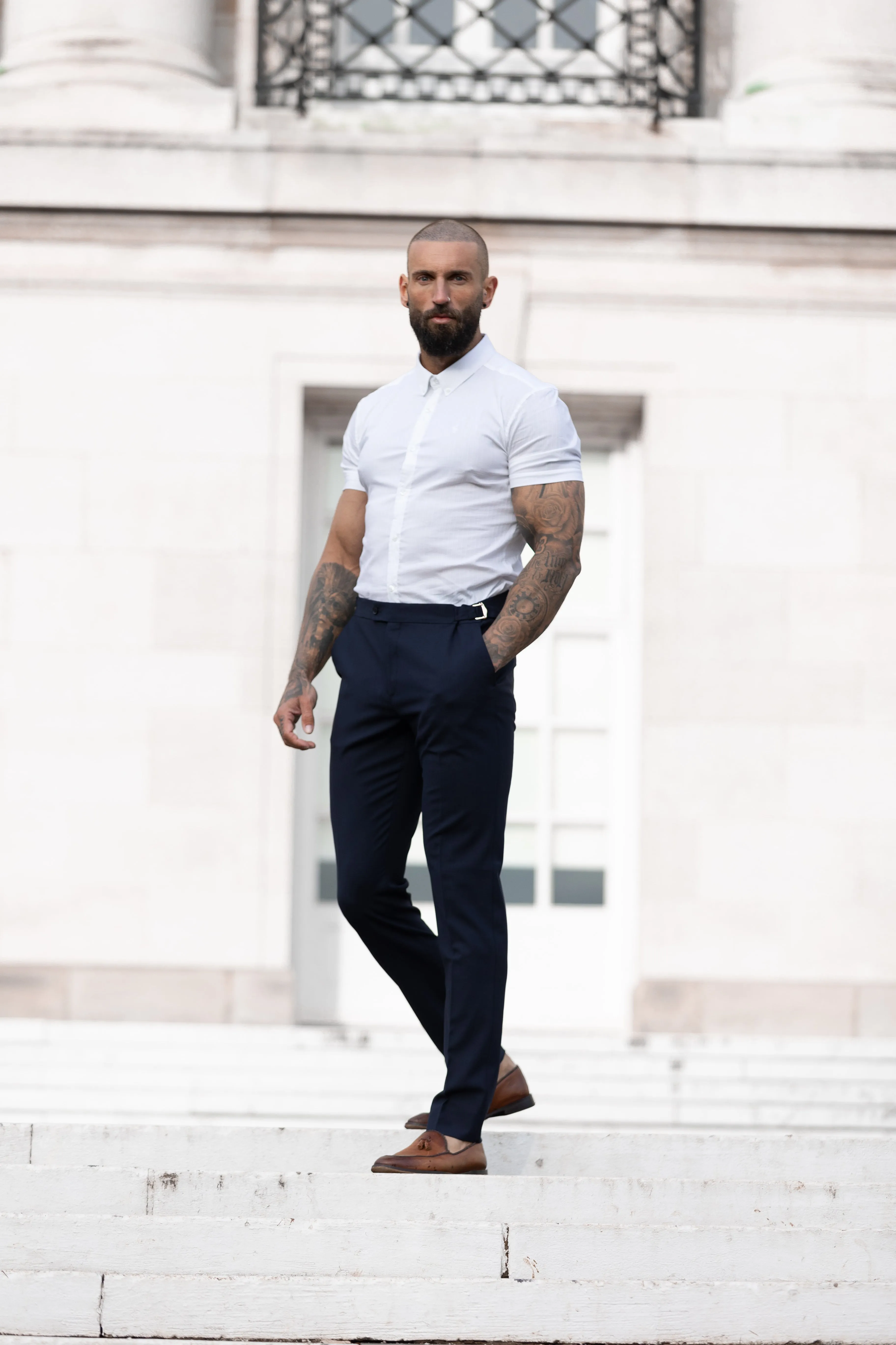 Super Slim Stretch White Self Woven Stripe Short Sleeve with Button Down Collar - FS988 sold by Father Sons product image thumbnail 4