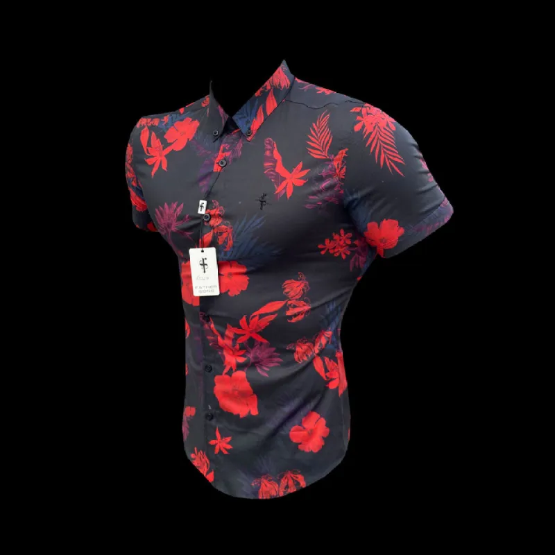 Father Sons Super Slim Stretch Black and Red Floral Print Short Sleeve with Button Down Collar - FS767 sold by Father Sons