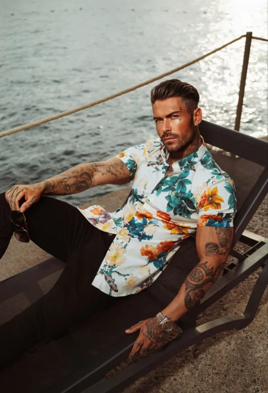 Father Sons Super Slim Stretch Ecru with Vibrant Floral Print Short Sleeve with Button Down Collar - FS865 sold by Father Sons