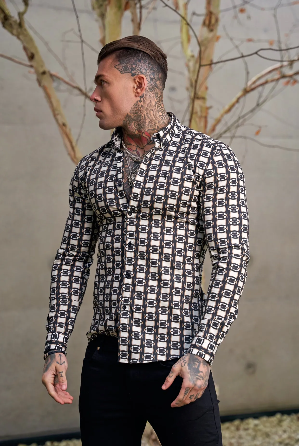 Super Slim Stretch Black / Cream / Taupe Link Print Long Sleeve with Button Down Collar - FS848 sold by Father Sons