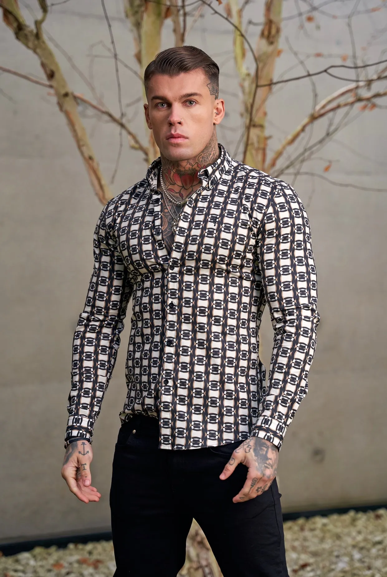 Super Slim Stretch Black / Cream / Taupe Link Print Long Sleeve with Button Down Collar - FS848 sold by Father Sons product image thumbnail 4