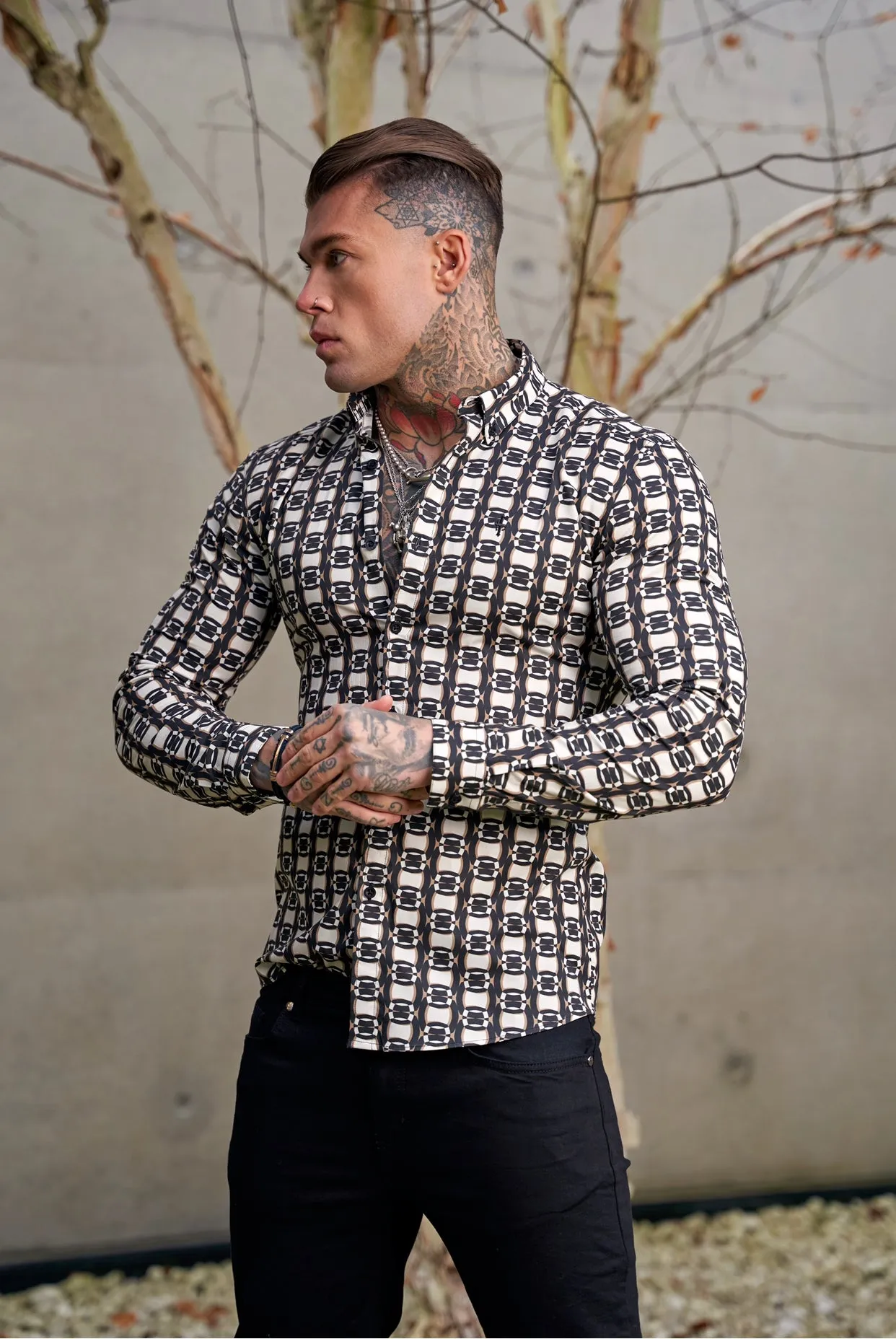 Super Slim Stretch Black / Cream / Taupe Link Print Long Sleeve with Button Down Collar - FS848 sold by Father Sons product image thumbnail 2