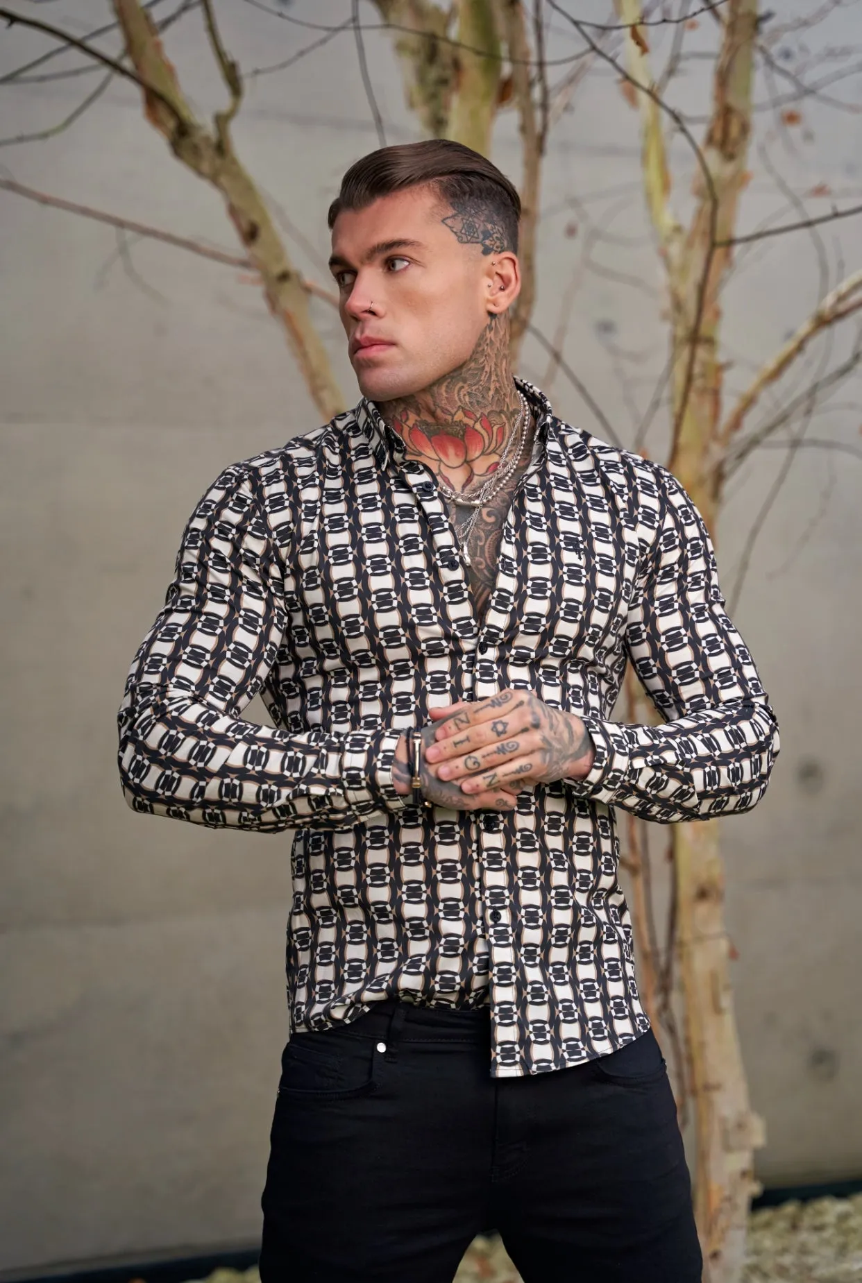 Super Slim Stretch Black / Cream / Taupe Link Print Long Sleeve with Button Down Collar - FS848 sold by Father Sons product image thumbnail 5