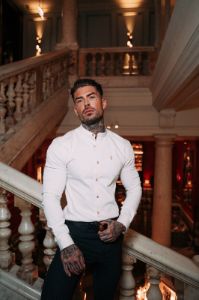 Father Sons Super Slim Stretch Cream Denim Long Sleeve With Grandad Collar and Gold Metal Buttons and Decal - FS970 sold by Father Sons