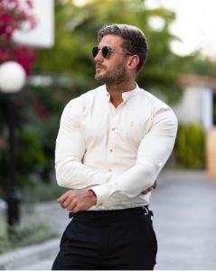 Father Sons Super Slim Stretch Cream Denim Long Sleeve With Grandad Collar and Gold Metal Buttons and Decal - FS970 sold by Father Sons