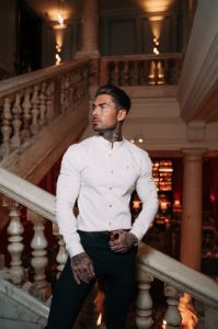 Father Sons Super Slim Stretch Cream Denim Long Sleeve With Grandad Collar and Gold Metal Buttons and Decal - FS970 sold by Father Sons