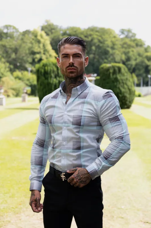 Father Sons Super Slim Stretch Aqua Check Print Long Sleeve with Button Down Collar - FS914 sold by Father Sons