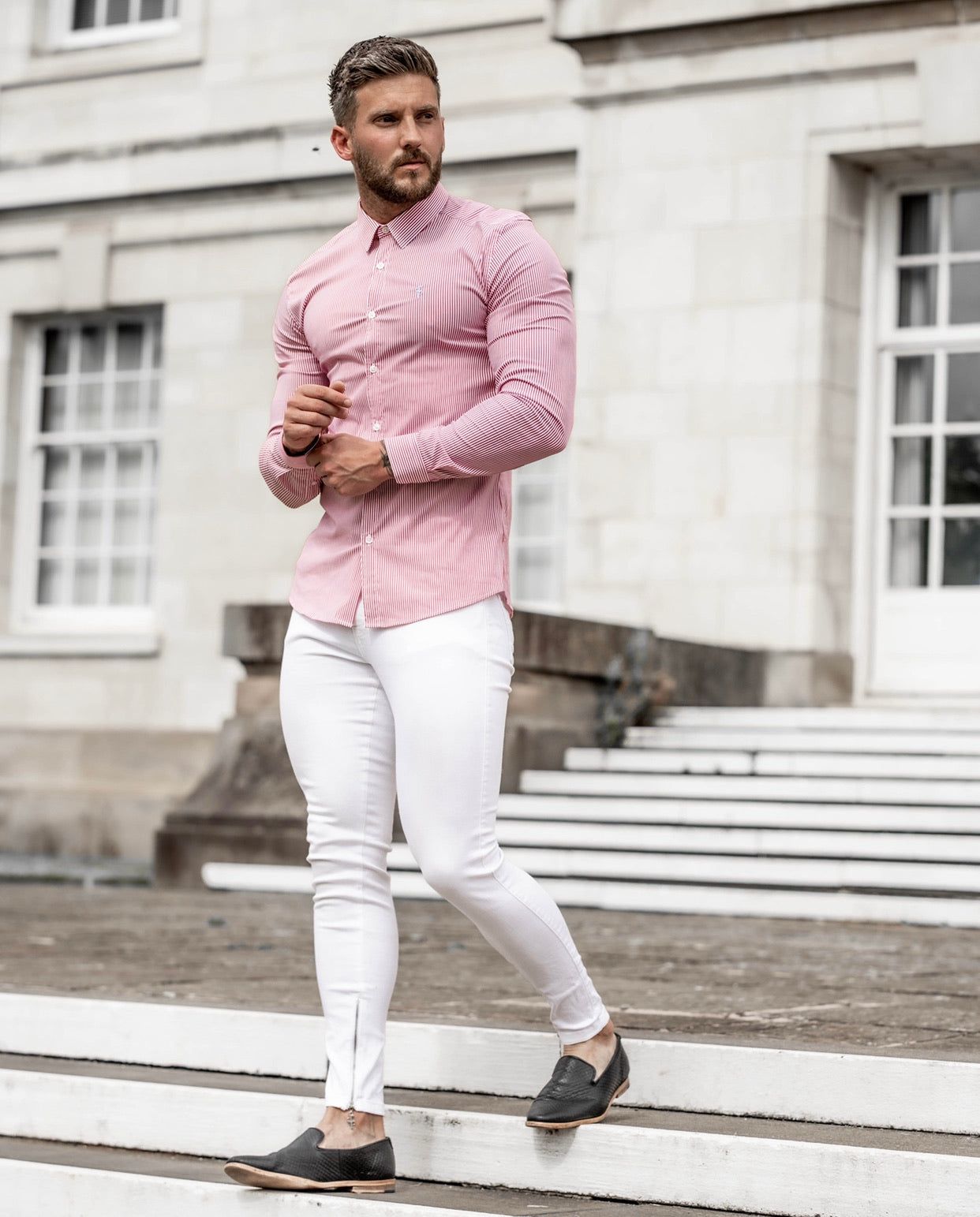 Father Sons Super Slim Stretch Narrow Red & White Stripe (Blue Emblem) - FS682 sold by Father Sons