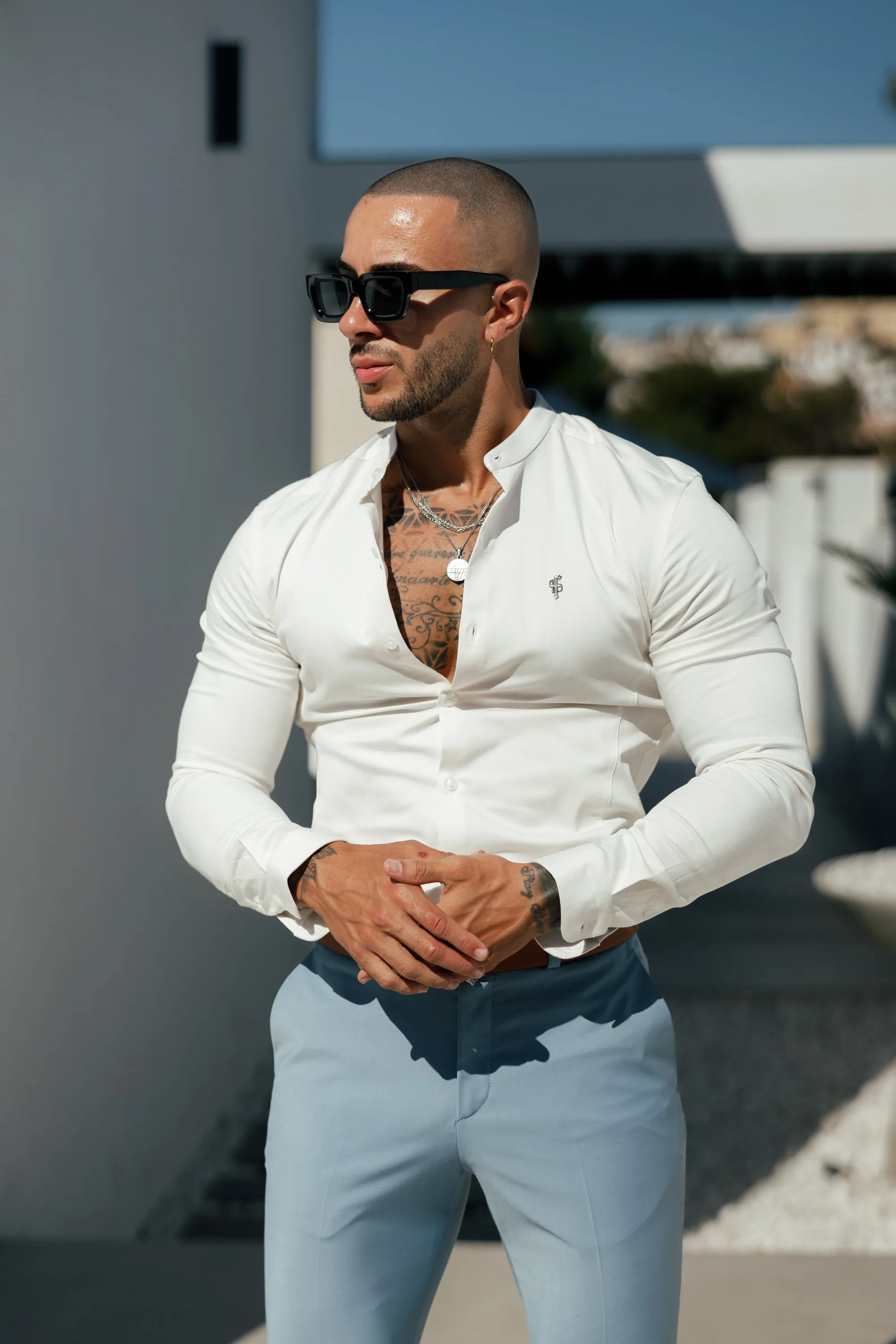 Father Sons Super Slim Stretch Off White Side Panel Shirt Grandad Collar LS - FS1091 sold by Father Sons product image thumbnail 3