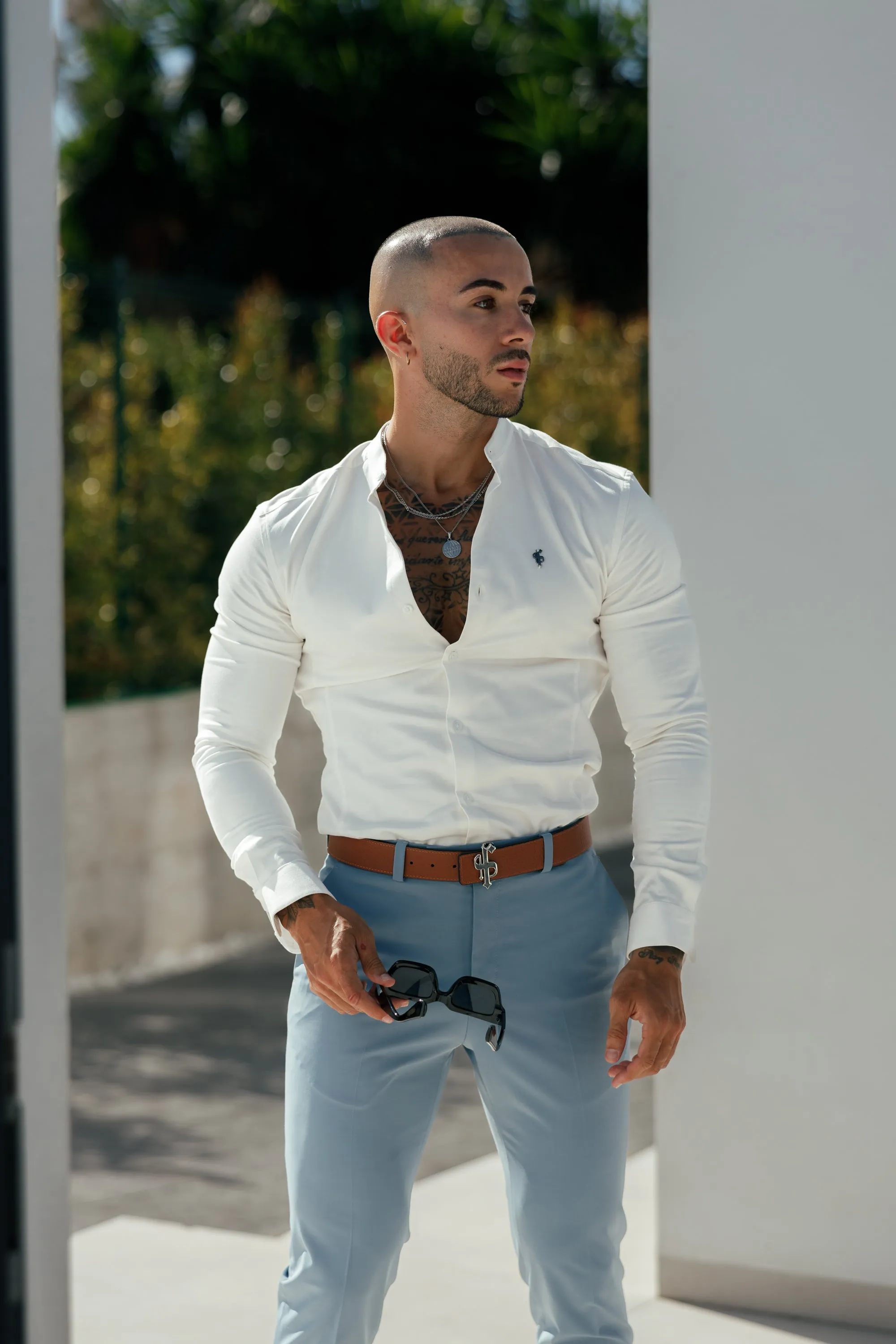 Father Sons Super Slim Stretch Off White Side Panel Shirt Grandad Collar LS - FS1091 sold by Father Sons product image thumbnail 4