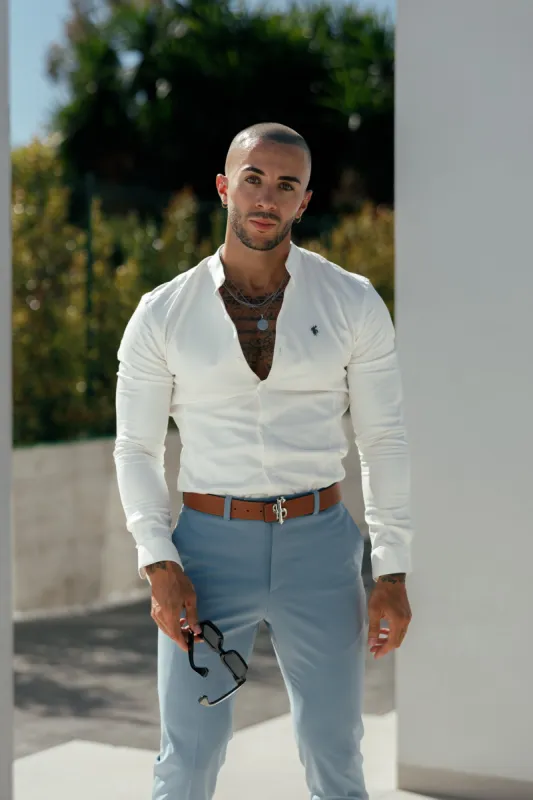 Father Sons Super Slim Stretch Off White Side Panel Shirt Grandad Collar LS - FS1091 sold by Father Sons