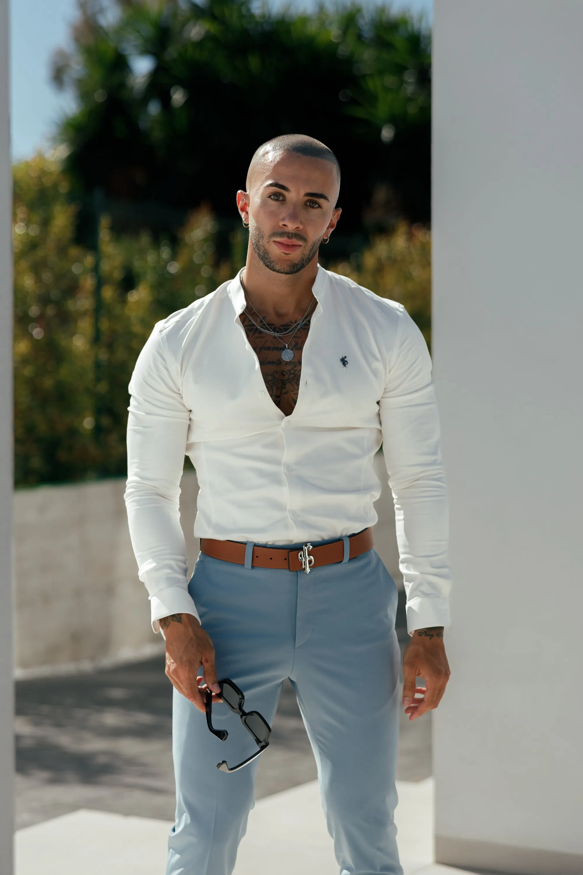 Father Sons Super Slim Stretch Off White Side Panel Shirt Grandad Collar LS - FS1091 sold by Father Sons